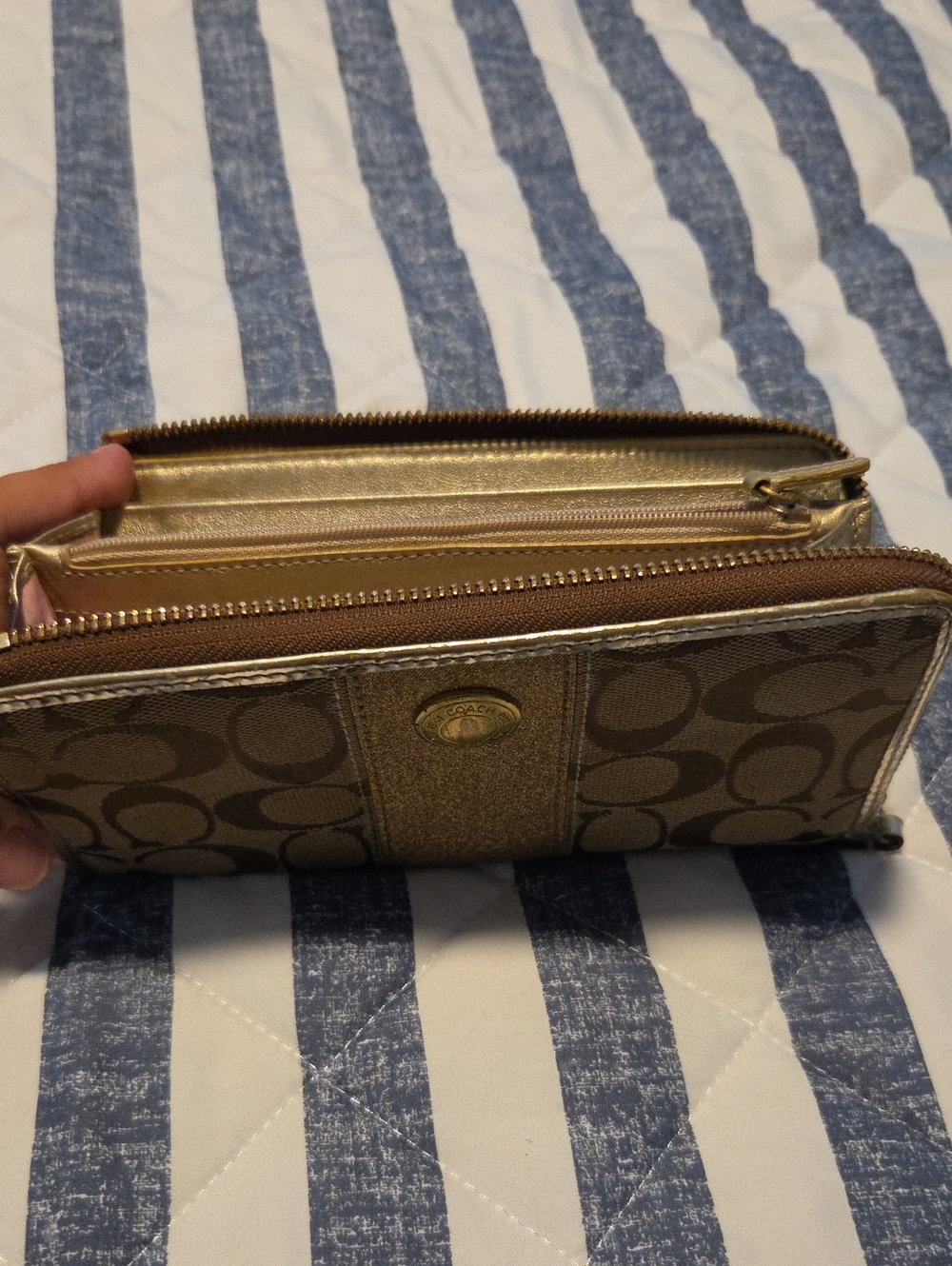 Coach Signature Zip Wallet in Brown and Gold